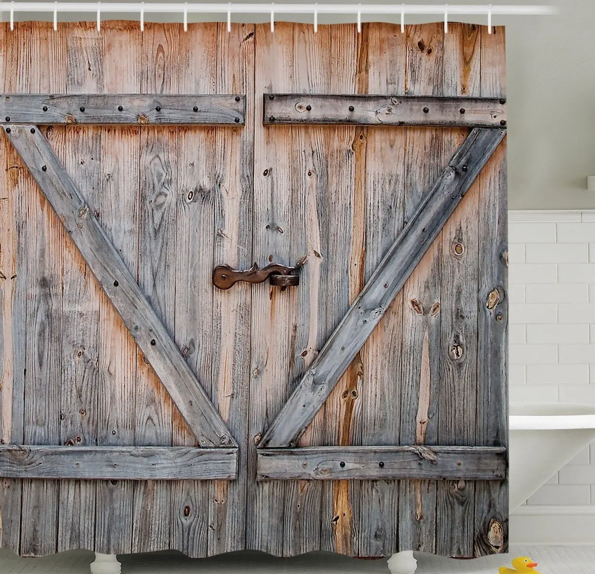 Fabric Shower Curtain Country Decor , Old Wooden Garage Door American