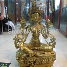 Xd 00675 2" Тибет Удивительный Бронзовый 24 К Золото Резные Зеленая Тара Кван-инь Статуя Будды