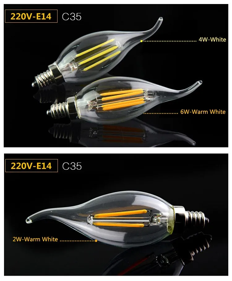 Светодиодный свечи E14 лампы 220 V 110 V 2 W 4 W 6 W C35 под старину Стиль свет лампы накаливания холодный белый теплый белый светодиодный лампы накаливания люстры