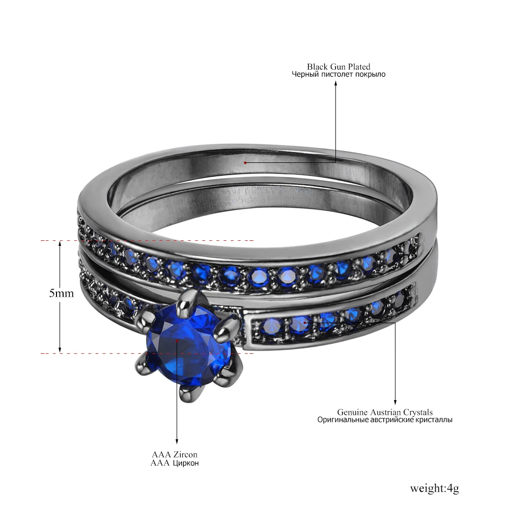 AENINE Роскошные 0.5Ct круглый синий CZ 6 оправа с крапанами пистолет черный покрытием Обещание Кольца для женщин пары Свадебные украшения R170880385B