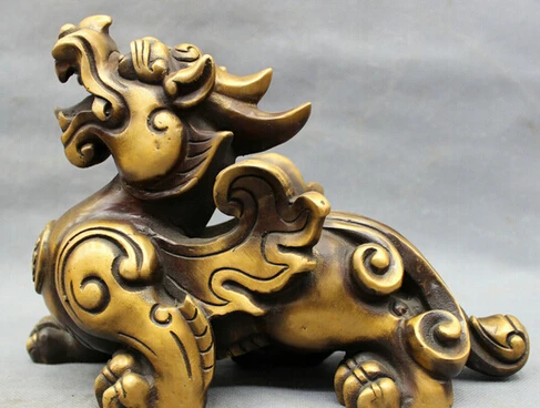

0 10" Chinese Bronze FengShui Zhao Cai Kylin Unicorn Lion PiXiu Statue Animals