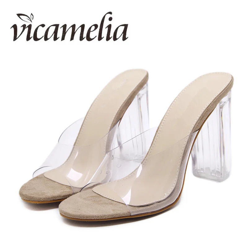 

Summer New Style Sweet Sandals Transparent Lucite Thick Heel Shallow Slippers High-heeled Hollow Women Slippers Vicamelia 051