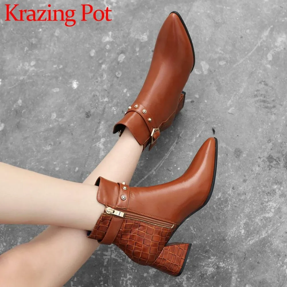 

Original design retro chelsea boots zip big size pointed toe thick med heels real cow leather rivets buckle belt casual shoe L87
