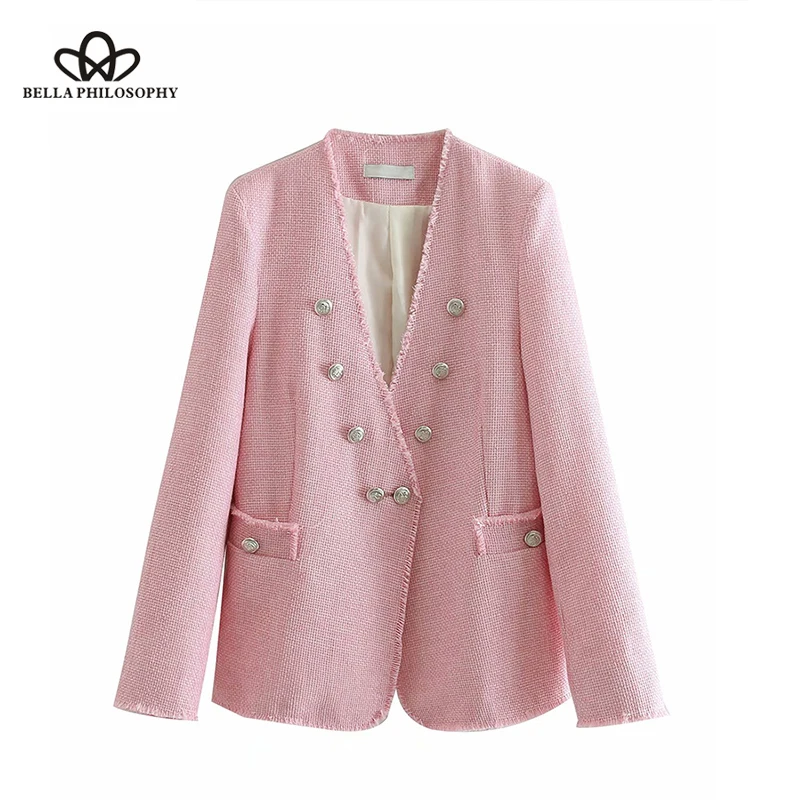 Vintage Stylish Double Breasted Frayed Tweed Jacket Coat  2019 newV Neck Long Sleeve Outerwear Casual Casaco Femme Wonder Store