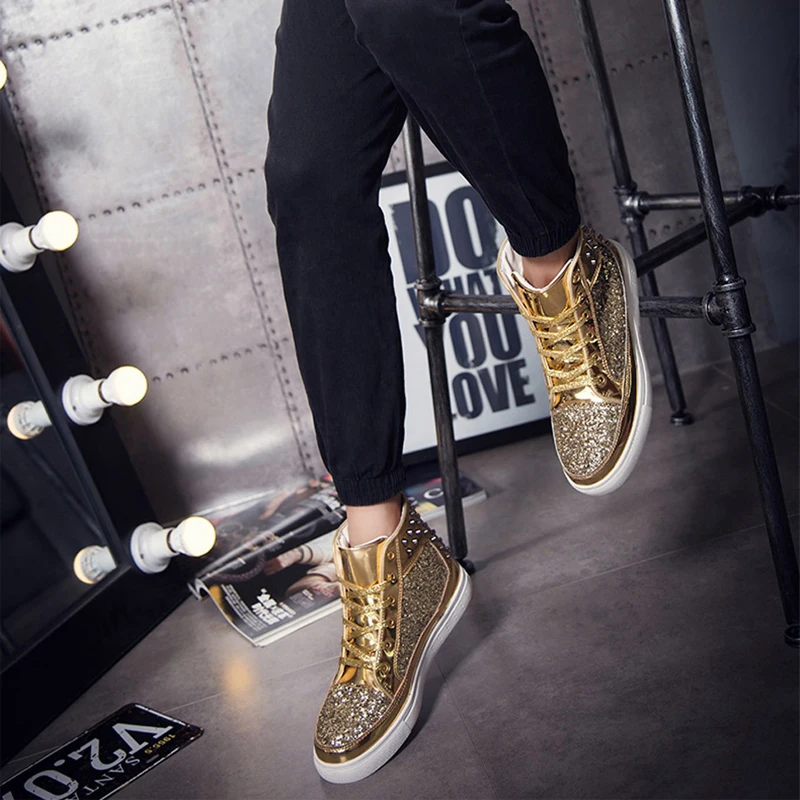 

Ngouxm Plus Size Women High Top Sneakers 2019 Spring Autumn Fashion Gold Shiny Bling Women's Casual Sneakers Rivet Shoes Women