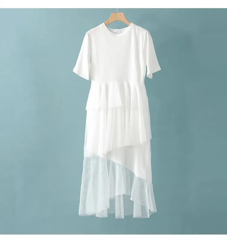 Fitaylor Лето Корейский сплайсинга плиссированные тюль футболка платье для женщин S-2XL размер, который Черный Серый Цвет Нерегулярные длинное платье одежда - Цвет: Белый