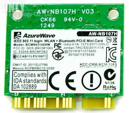 Адаптер Wi Fi bluetooth BCM943142HM 300 Мбит/с Broadcom BCM943142 802.11b/g/n + BT 4 0 половинный Mini PCI e| |