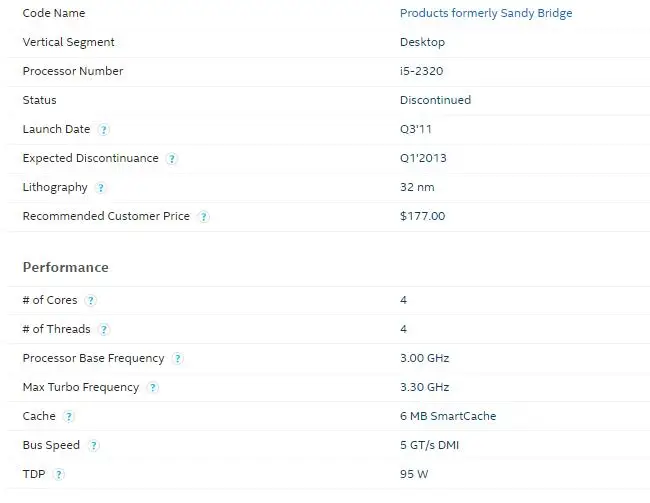 Intel core i5 2320/core2 i5 2320 cpu 3,3 ГГц/6 Мб кэш L3/четырехъядерный/TDP: 95 Вт/LGA1155 сокет имеет i5 2300/2400