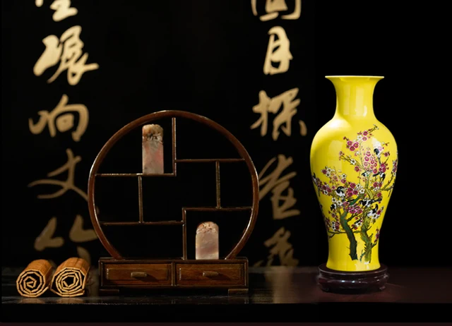 Jingdezhen ceramic fishtail vase yellow glaze plum tree pastel vase modern home furnishing room decorative crafts and ornaments 4