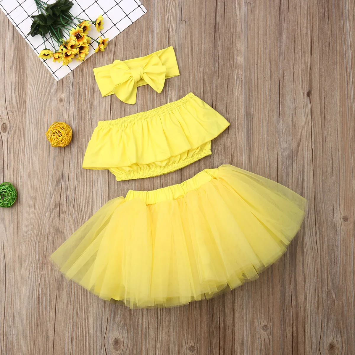 Летняя одежда для новорожденных и маленьких девочек; женская майка; Топы+ фатиновая юбка; повязка на голову; желтый комплект
