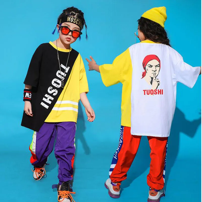 Малыш свободно Одежда в стиле хип-хоп костюм негабаритных работает Футболка Топы Повседневное штаны для девочек и мальчиков Джаз Танцы бальный костюм одежда