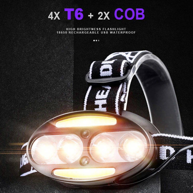 

Head Lamp Rechargeable 18650 4*T6 2*COB LED Headlamp Headlight Flashlight Sensor 50000lm USB Fishing Camping Lantern Head Lamp