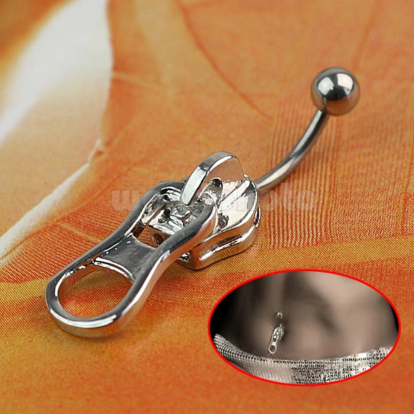Sexy Zipper Belly Ring Plain Silver Tone Zip Navel Bar Button Body
