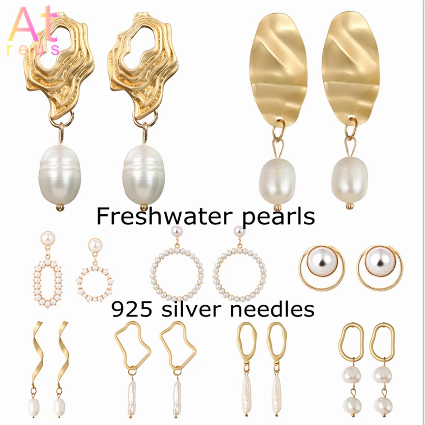 

Irregular Freshwater Pearls Drop Earrings For Women 925 silver ear pin Gold Color Oval Circle Geometric Metal Dangle Earrings