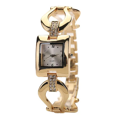 Новый дизайн женский золотой браслет горный хрусталь квадратный Аналоговый кварцевый платье наручные часы 5VB4 C2K5W