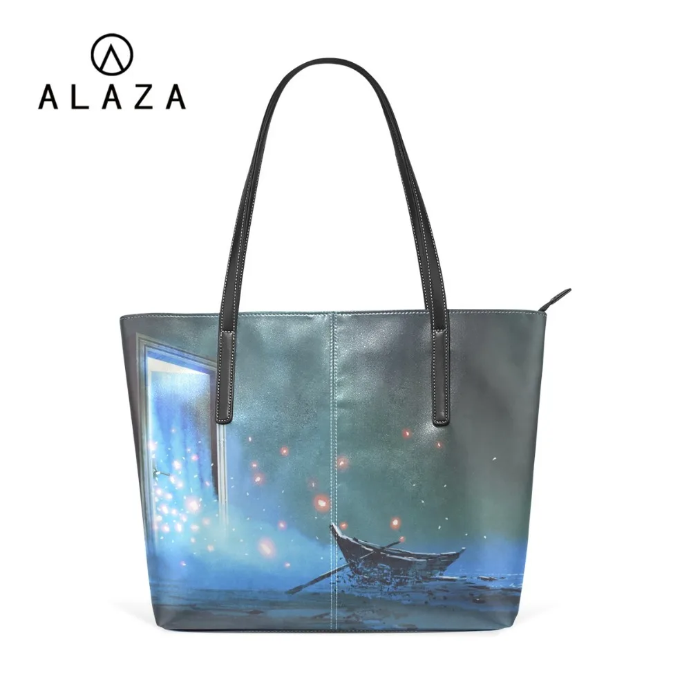 

ALAZA High Quality Leather Shopping Bag Big Capacity Shoulder Bag Dream Boat Print Handbag Fantasy World For Women Tote Bag