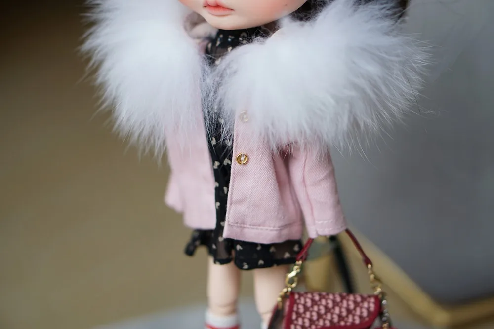 

Blyth OB24 Denim fur coat pink coat doll clothes for OB24 Licca Azone S Blyth doll accessories big white fur coat