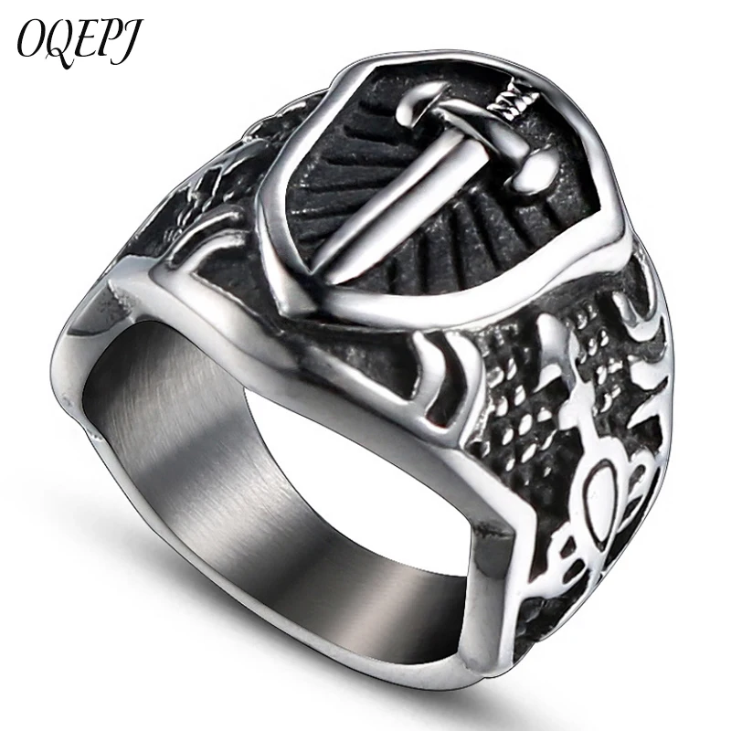 

OQPEJ Vintage Iron Knights Templar Cross Rings Stainless Steel Catholic Solomon Temple Ring High Quality Jewelry Biker Gifts