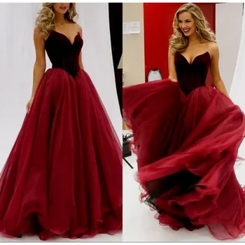 

Burgundy Prom Dress A Line V Neck Floor Length Tulle Evening Dresses Plus Size Velvet Strapless Formal Women Long Party Gowns