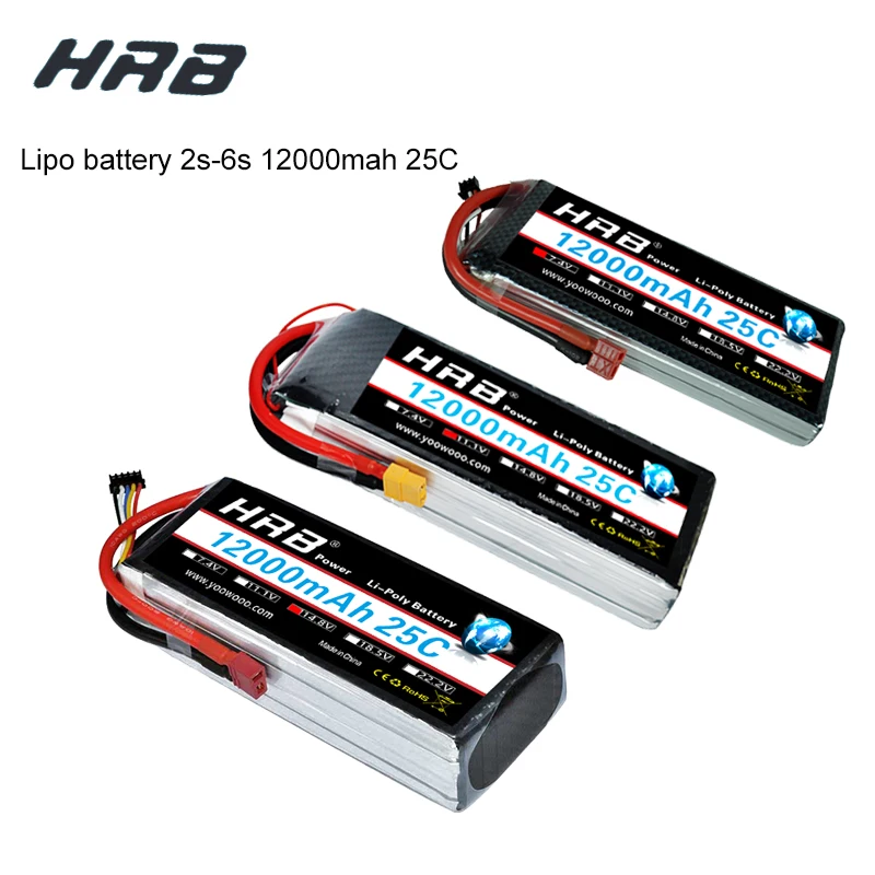 

HRB RC Lipo 12000mAh Battery 2S 3S 4S 5S 6S 7.4V 11.1V 14.8V 18.5V 22.2V 25C MAX 50C T Bandage For RC Helicopter Airplane