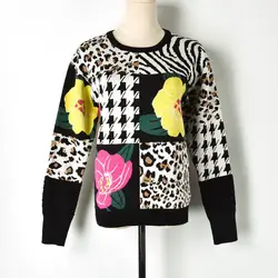 Взлетно-посадочной полосы рисунок леопарда свитер Для женщин джемпер высокого класса 2018 Новый осень-зима толстые теплые цветок