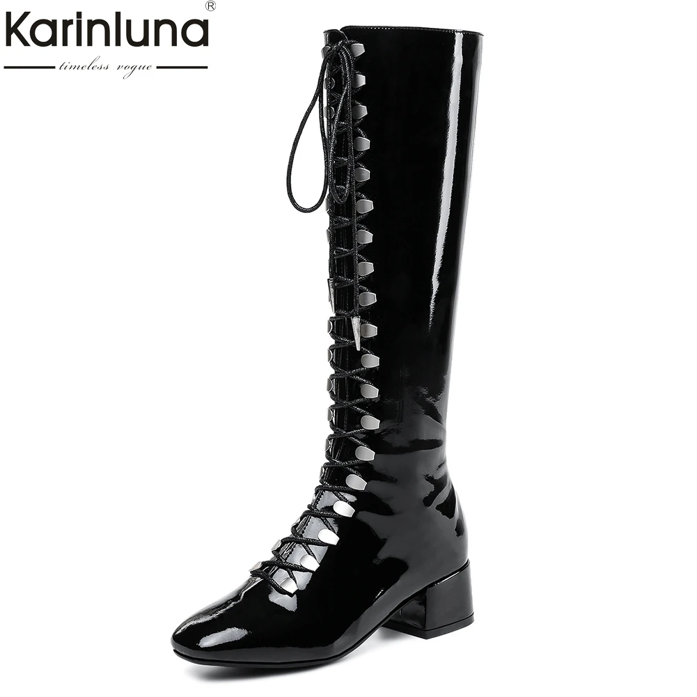 

Karinluna Brand new Plus Size 33-43 Fashion Square Heels Shoes Woman Boots Lace Up street style Boots Female Shoes Woman