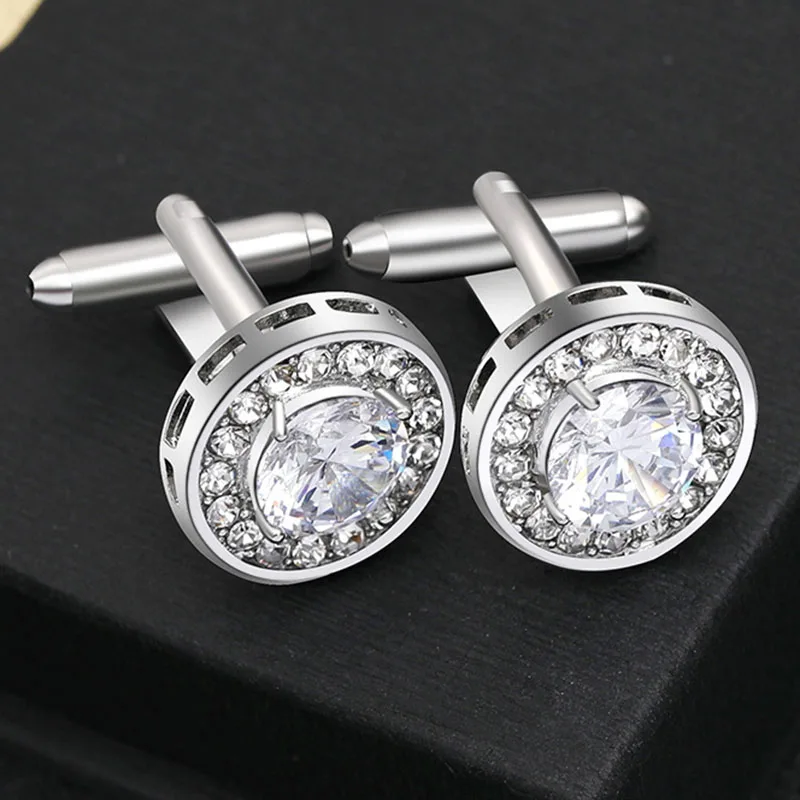 

Luxury Crystal Cufflinks For Men Shirt Cuff Links Buttons High Quality Round Mens Fashion Business Cufflink Wedding Jewelry Gift
