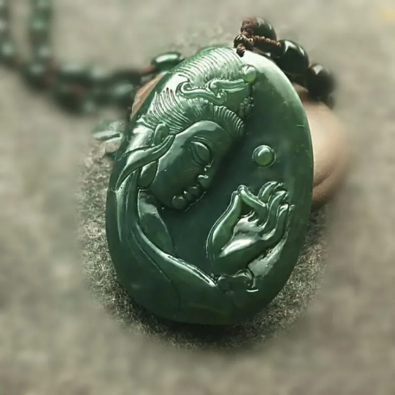 

natural carved treasure GUANYIN HETIAN jade pendant China QINGYU green necklace pendants with rope necklace 36*51*8mm