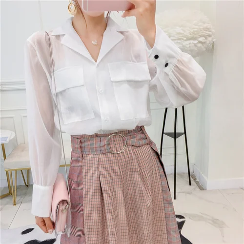 Acheter 2018 Transparent Chemises Femmes Poches Tournent Vers Le Bas Manches Longues Noir Blanc Blouse Dames Tops Mode Coréenne Vêtements T294