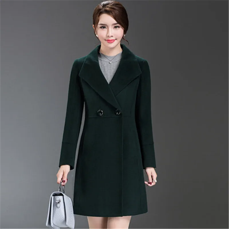 Women's Loose Plus Size Clothing Autumn Winter Fashion Turn Down Collar Double-breasted Slim Wool Trench Coat Jacket XH598 - Цвет: dark green