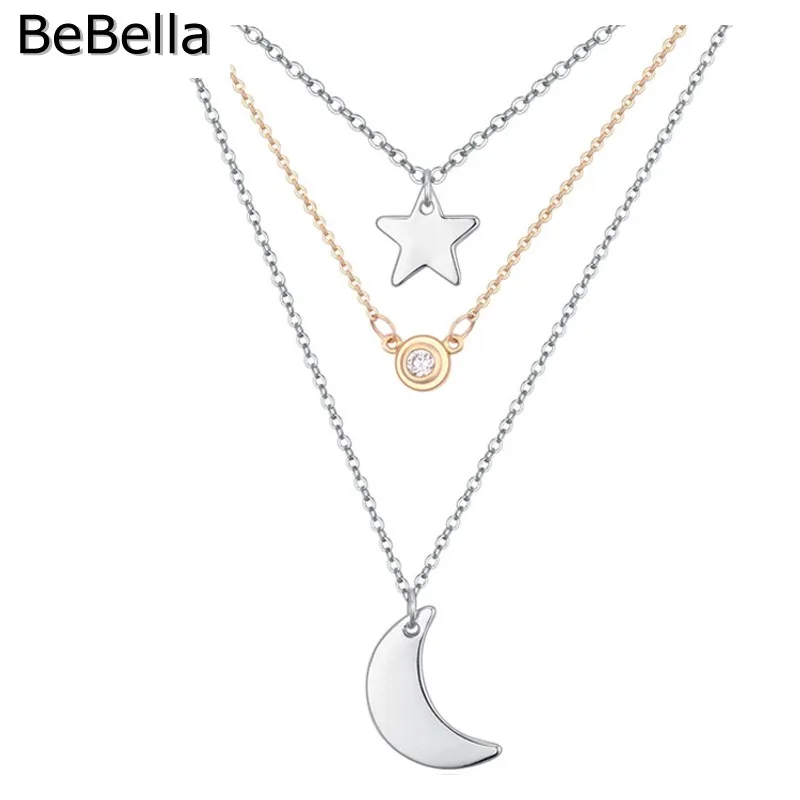 

BeBella 3 Layer Chains Star And Moon Charm Pendant Necklace With Cubic Zirconia Stone Fashion Jewelry For Women Girls Gift 2018