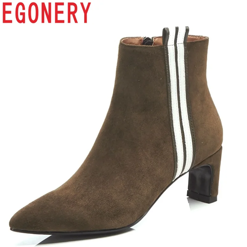 

EGONERY high quality newest pointed toe zipper high strange style mixed colors kid suede ankle boots fashion winter warm shoes