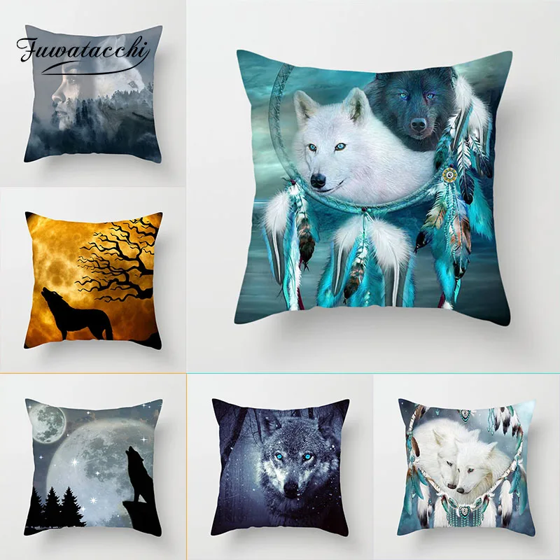 

Fuwatacchi Wolf Animal Cushion Cover Wolf Howl Moon Pillow Cover For Car Home Room Decorative Accessories Pillowcase 45cm*45cm