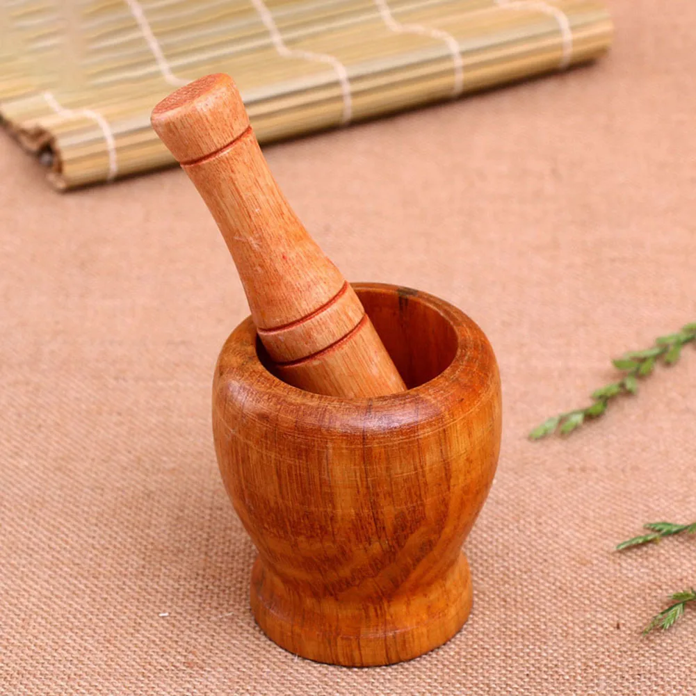 Wooden Mortar And Pestle Set Wooden Spice Pepper Crusher Herbs Grinder Garlic Mixing Bowl Press Bowl Kitchen Tools