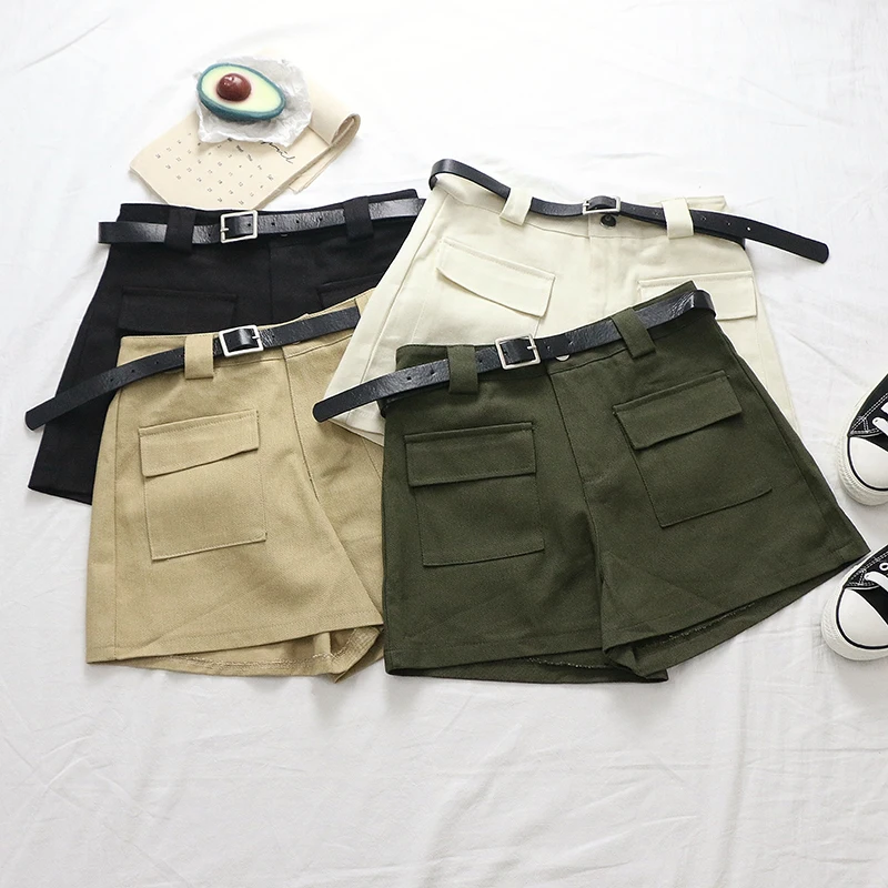 

4 Solid Color Cargo Shorts Women Chic Pockets Sashes Black Womens Shorts Summer Loose Belt S-L Green High Waist Shorts Feminino