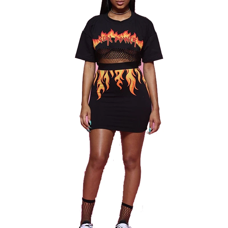 Doyerl 2 Piece Set Women Suit Fire Flame Print Back See