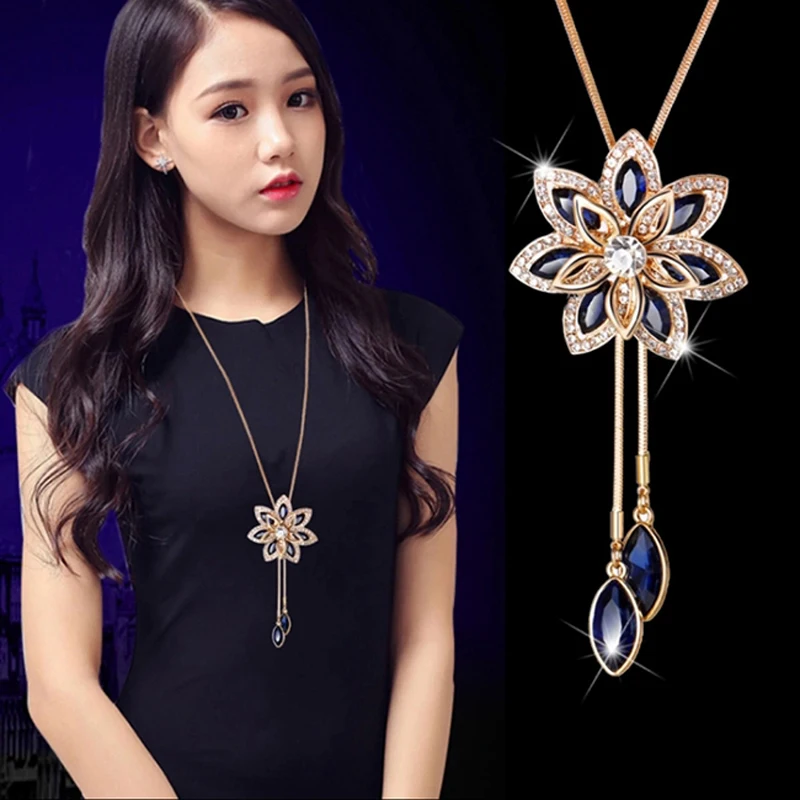 Zircon Black Snowflake Flower Long Necklace Sweater Chain Fashion Metal Crystal Pendant Necklaces | Украшения и аксессуары