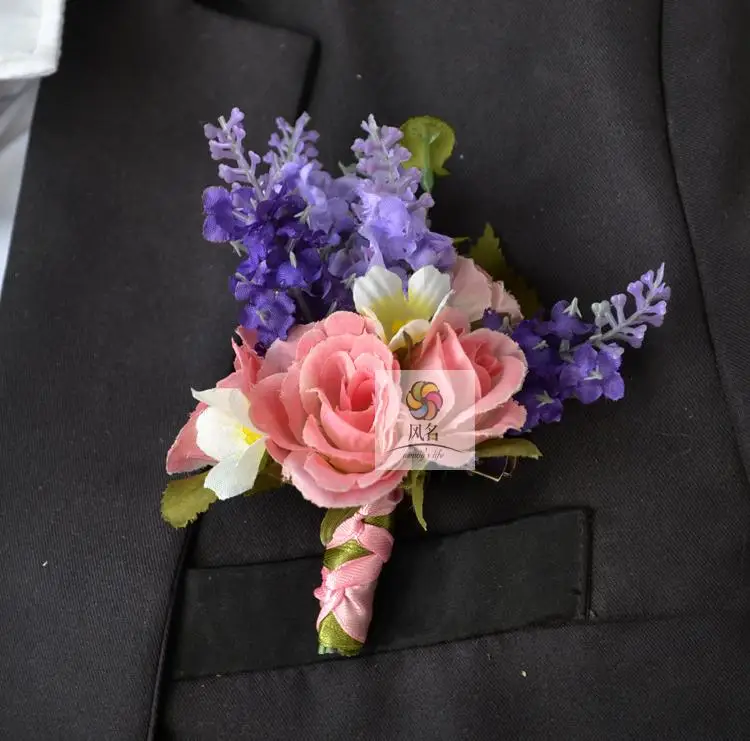 Brand 5Pcs Groom Boutonniere Real Touch Flower Lavender Wedding
