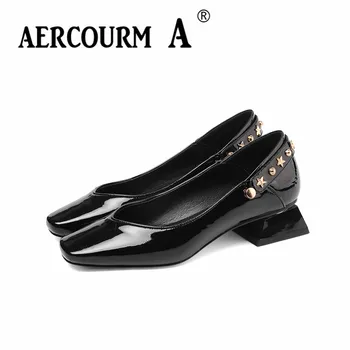 

Aercourm A 2019 Women Solid ColorPumps Lady Cow Genuine Leather Shoes Square Metal Buckle Low Heel Thick Heel Pumps Spring Shoes