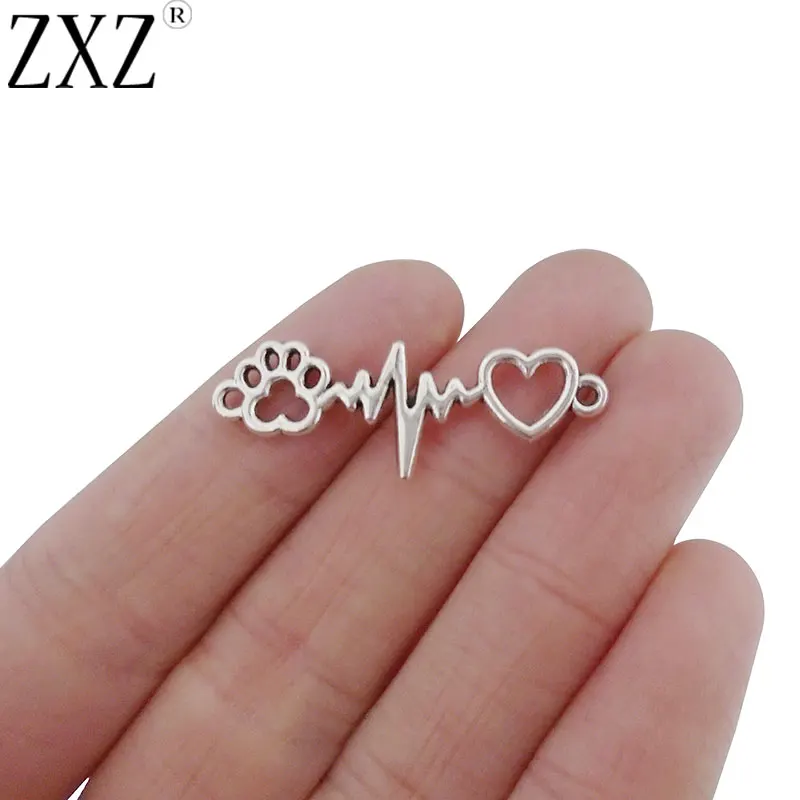 

ZXZ 10pcs Antique Silver Tone Heart Rate Beat Heart Paw Print Connector Charms Pendants 2 Sided for Necklace Bracelet Making