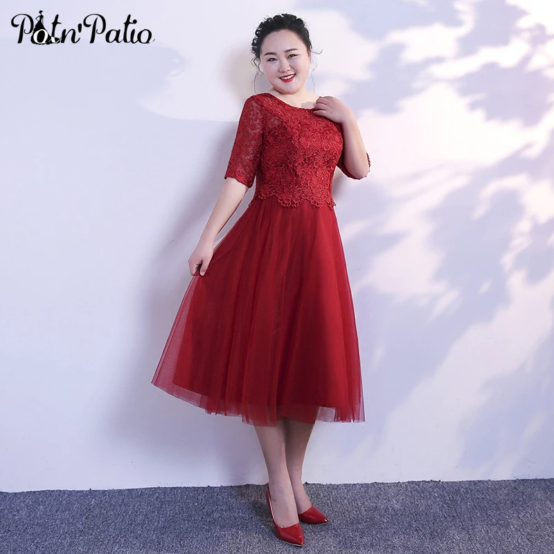 

Wine Red Lace Evening Dresses For Wedding Party 2019 Tea-Length Tulle Plus Size Mother Of The Bride Dresses With Half Sleeves