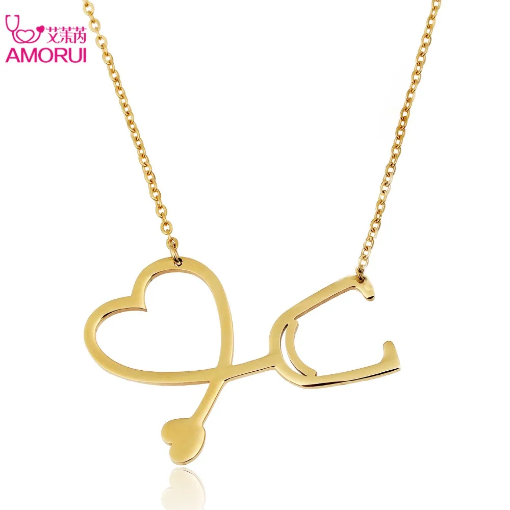 AMORUI Women Love Heart Necklaces Gold Silver Stethoscope Collar Chain Necklace Jewelry Women Necklaces Pendants Collares Mujer