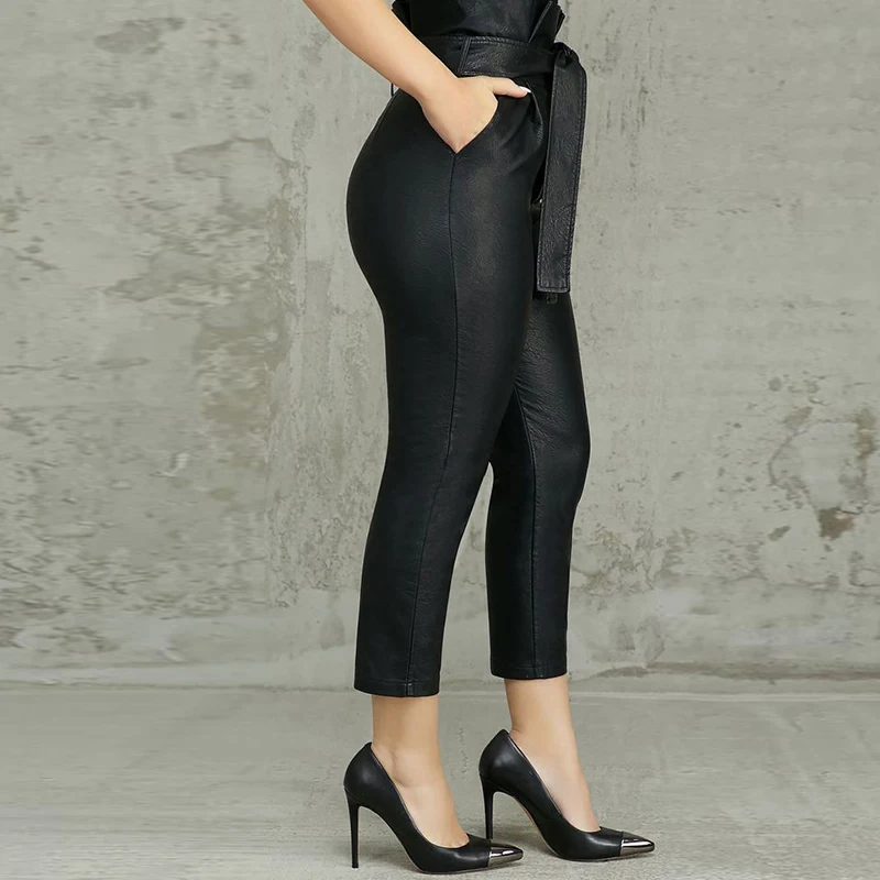 Женские брюки из искусственной кожи с высокой талией, бумажная сумка, пояс-бандаж, шнуровка, брюки с воланами, Женская Офисная деловая рабочая одежда, большие размеры