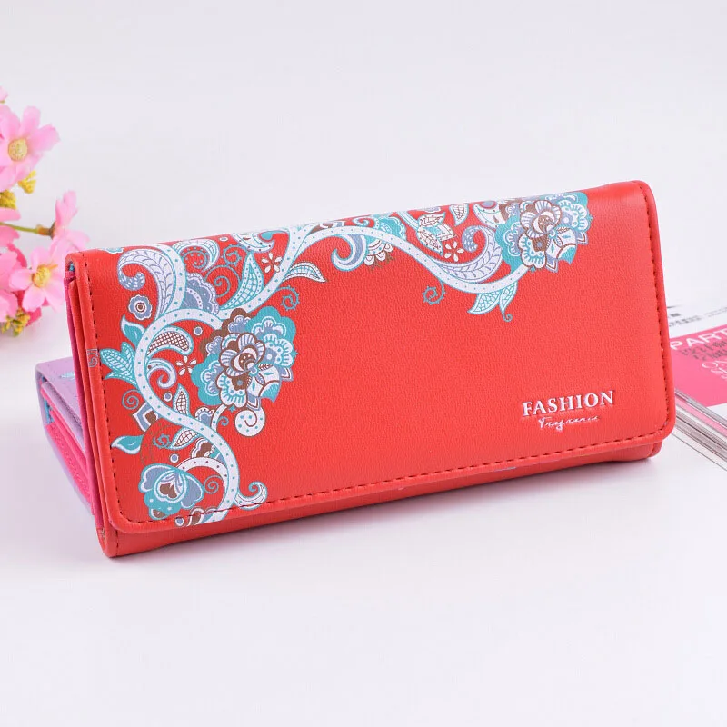  OUGOLD Hot wallet female fashion floral hasp long style leather purse women 2 fold standard card holders 