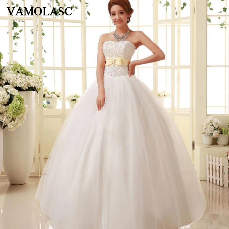 

VAMOLASC Pearls Strapless Bow Sash Ball Gown Wedding Dresses Off The Shoulder Lace Appliques Backless Bridal Gowns
