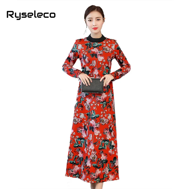 Women Vintage Turtleneck Floral Prints Long Sleeve Casual Basic Plus size Dress Loose Winter Fleece Inner Oversize Dresses | Женская