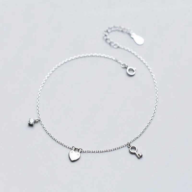 

Cute Small Heart Key Clear Zircon Charm 925 Sterling Silver Anklet For Women Foot Chain Ankle Bracelets Summer Jewelry