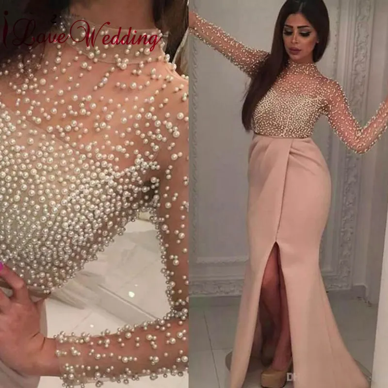 

New Arrival 2019 Sexy Halter Pearl Beaded Long Sleeves Side Split Custom made Pink Long Prom Dresses