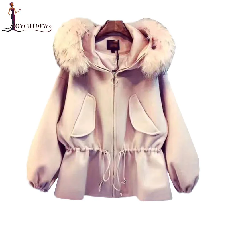 

Winter Woolen Jacket 2018 Women Loose Fur collar Short Woolen Outerwear Long sleeve Hooded Female Large size XL-5X Coat DD725
