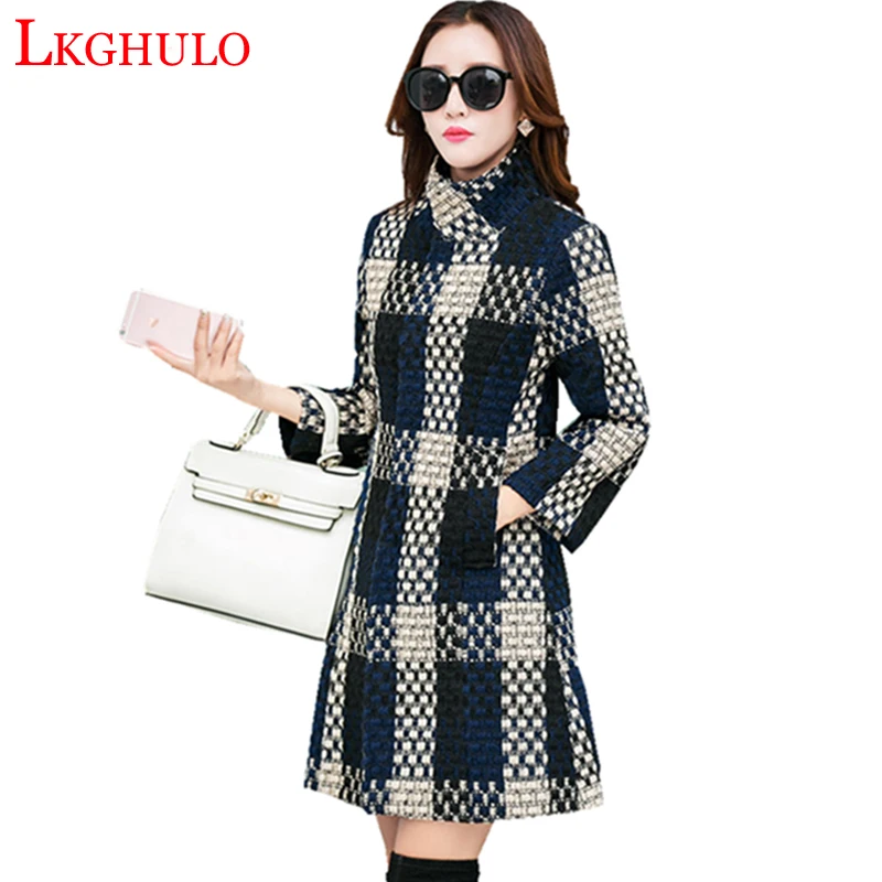 Long Mère Col De Mode Laine 2018 Femmes Survêtement Femelle Photo Mince Élégante Automne Manteau Nouveau Roulé Plaid Tweed W337 Color Mélanges oexrdCWB